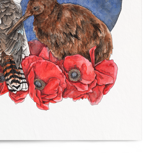 Illustration of two animals sitting together with a moon and red flowers on a white background