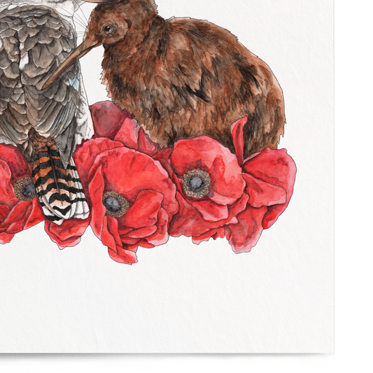 Illustration of two birds surrounded by red flowers on a white background