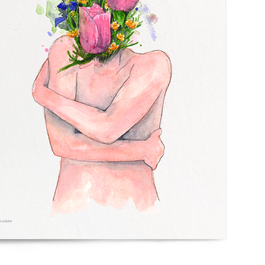 A vertical watercolor art print featuring a pale pink figure with arms crossed, whose head is replaced by a bouquet of pink tulips and small multicolored flowers, shown against a white background.