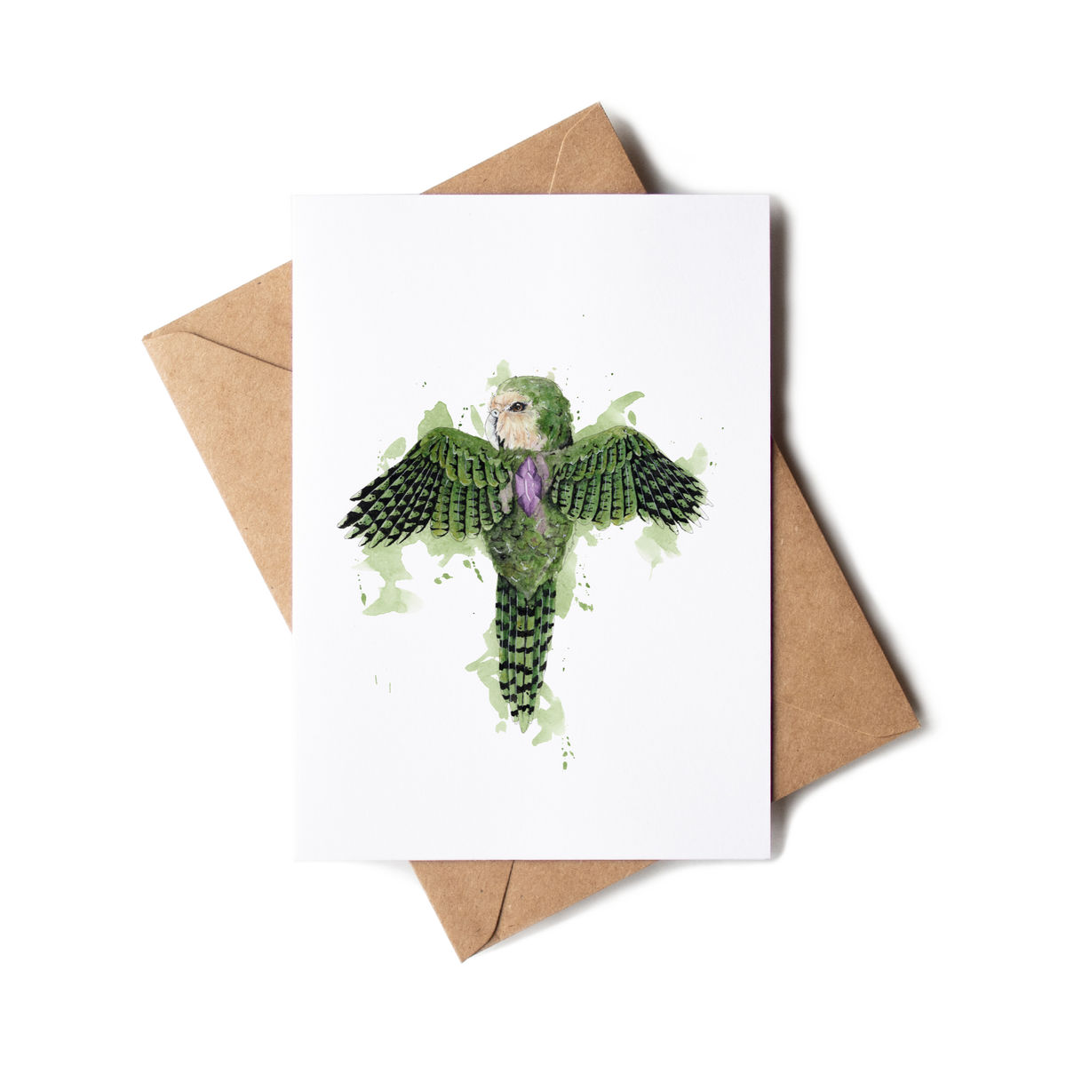 Greeting card with a green parrot illustration on a white background, accompanied by a brown envelope.