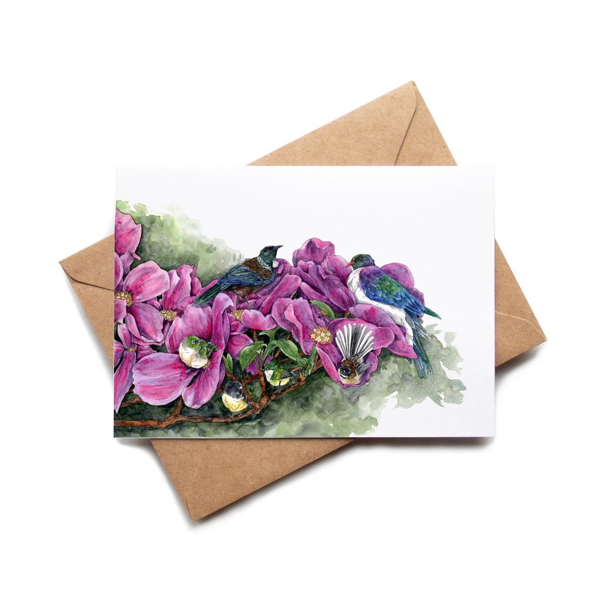 Greeting card with a floral design and birds, placed on a white background.