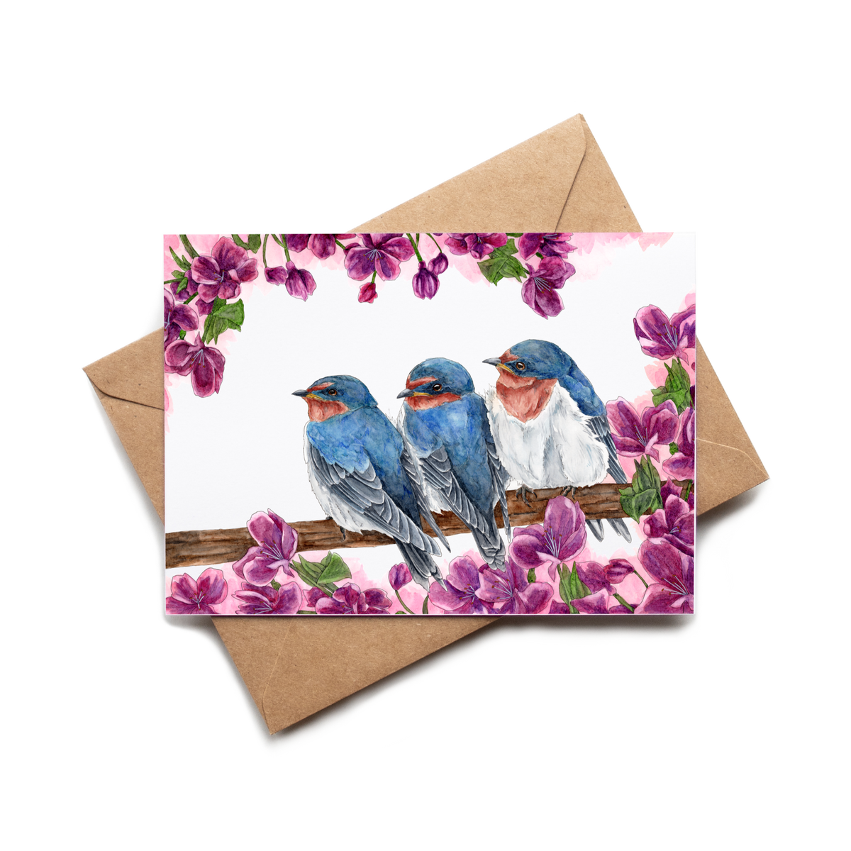 Card with blue birds and pink flowers on a white background
