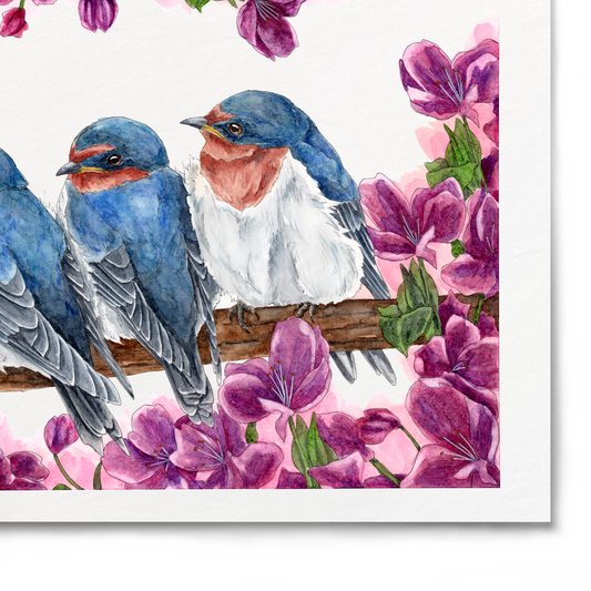 Three blue birds perched on a branch with pink flowers on a white background