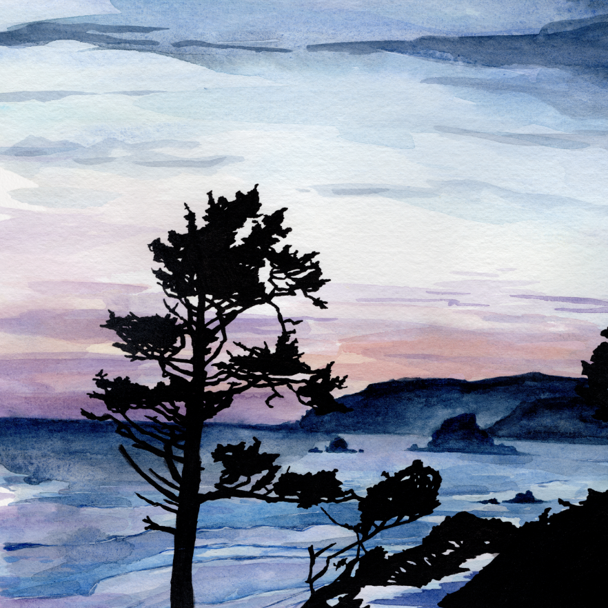Art print of a silhouette of trees on a hill with a watercolor sky in blue and purple tones.