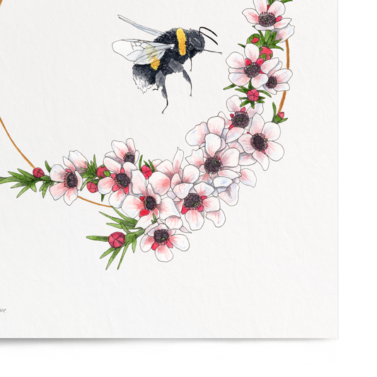 Decorative print with a bee and floral design on a white background