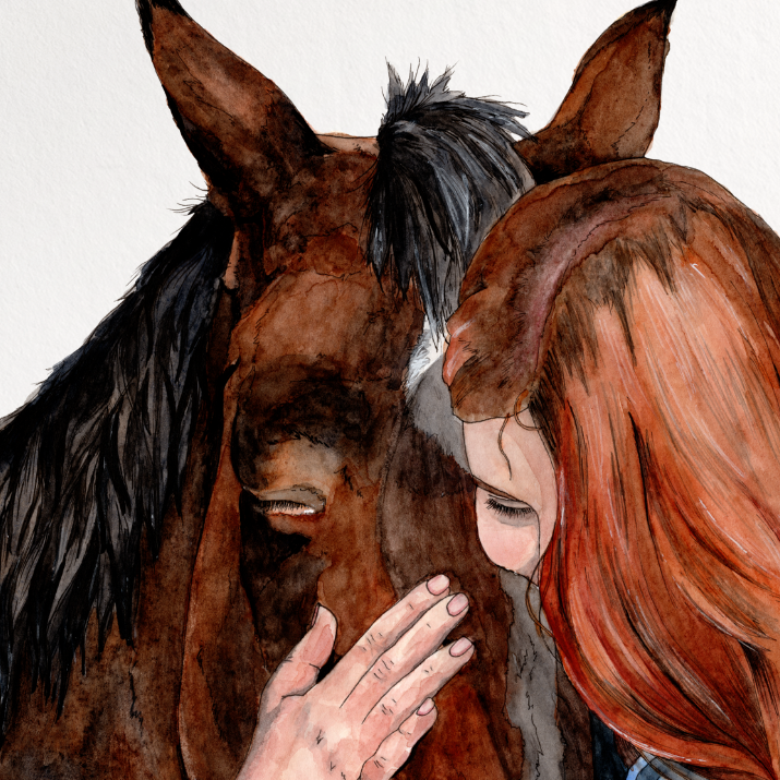 Illustration of a woman hugging a horse on a white background
