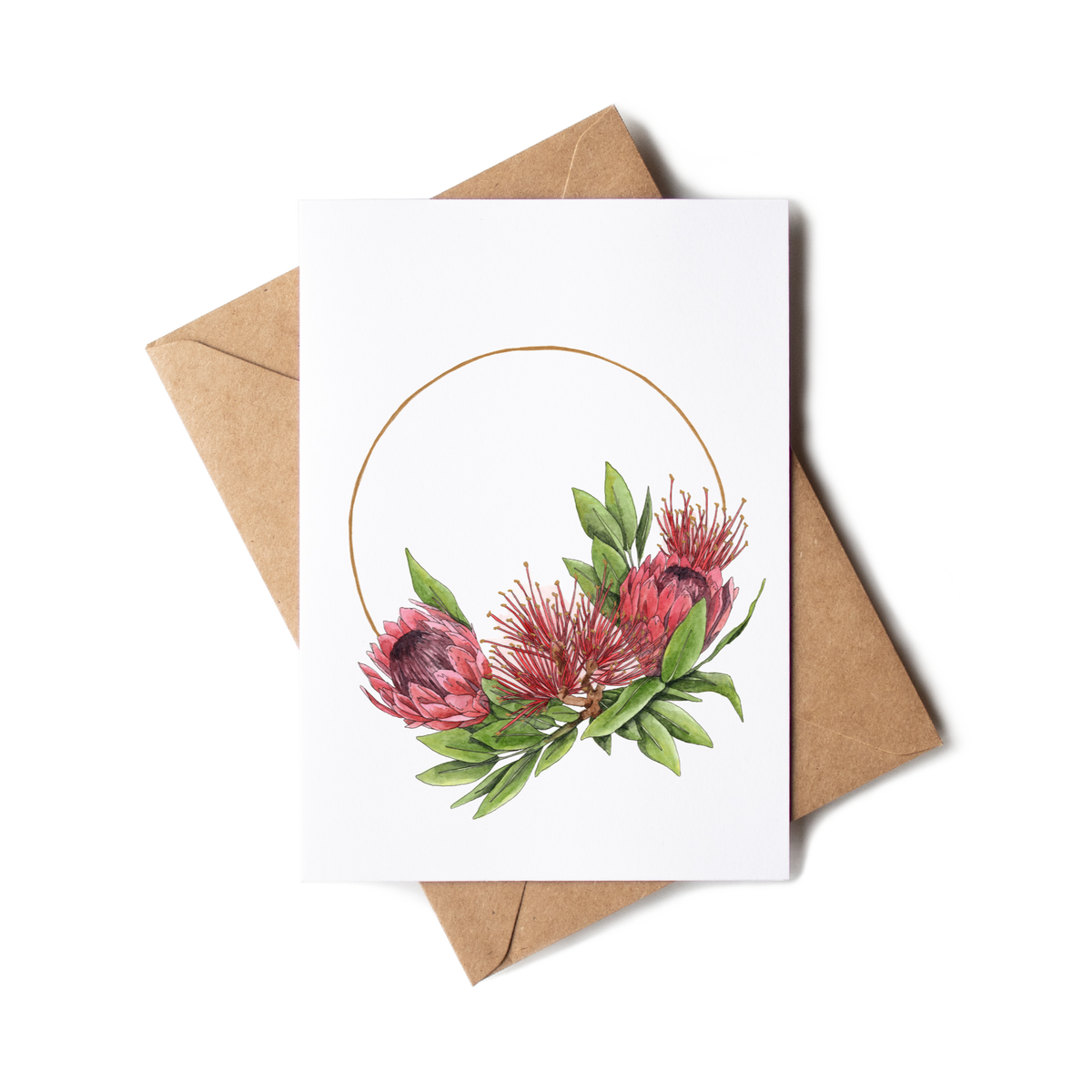 Greeting card with floral design and brown envelope on white background