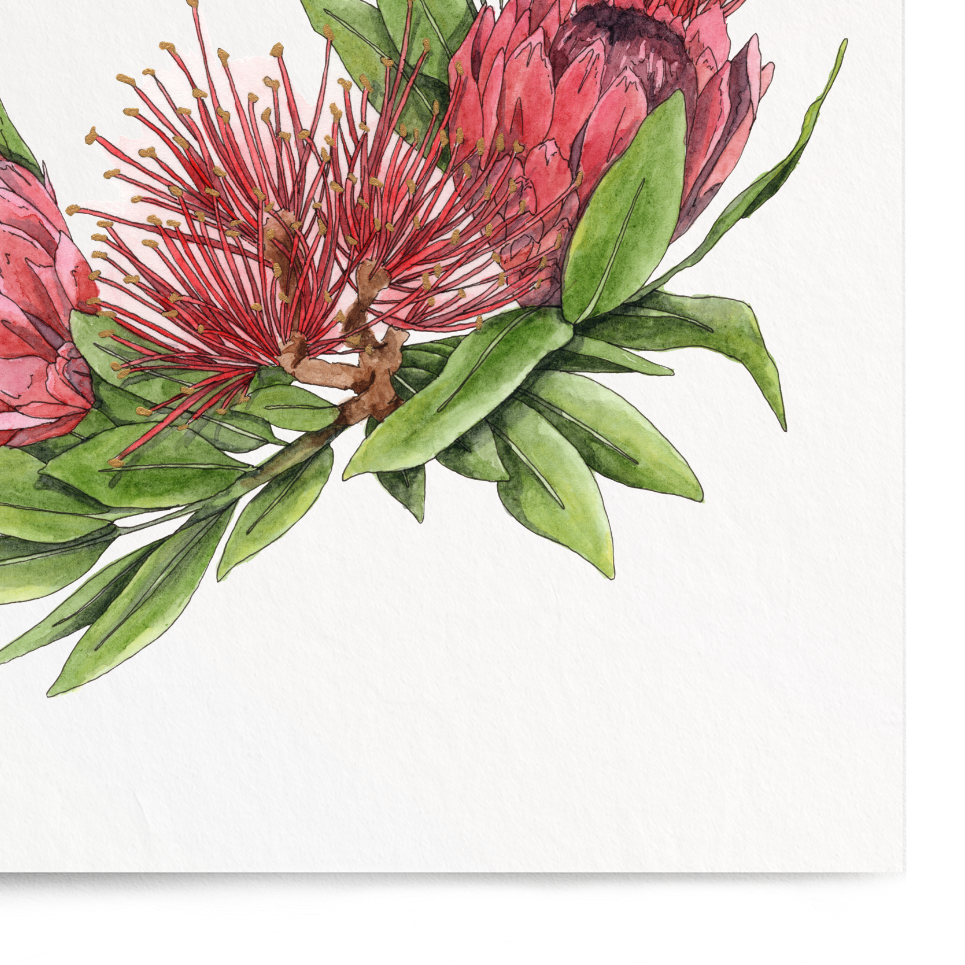 Floral design with red flowers and green leaves on a white background