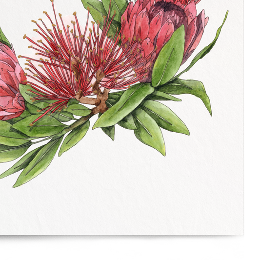 Floral design with red flowers and green leaves on a white background