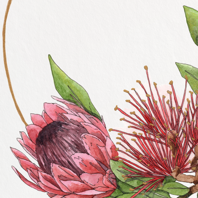 Floral design with red flowers and green leaves on a white background