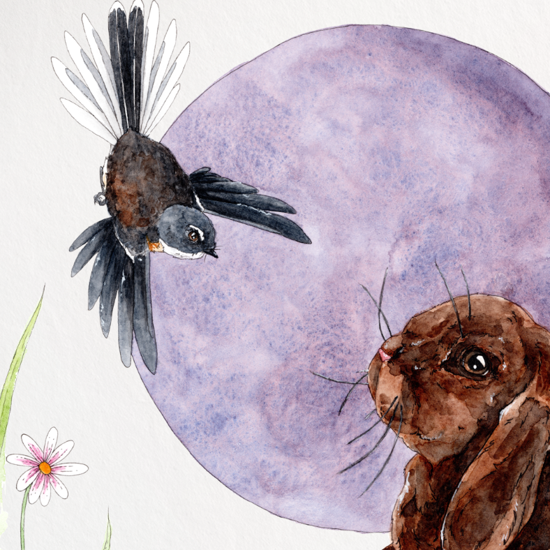 Illustration of a brown rabbit and black cat under a purple moon in a grassy field.