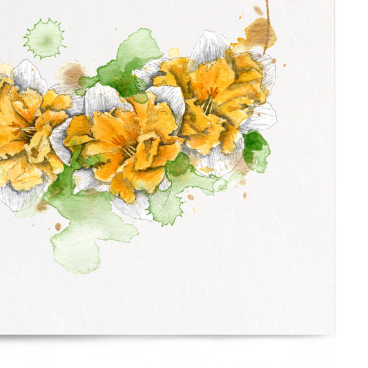 Floral design with yellow flowers and green leaves on a white background