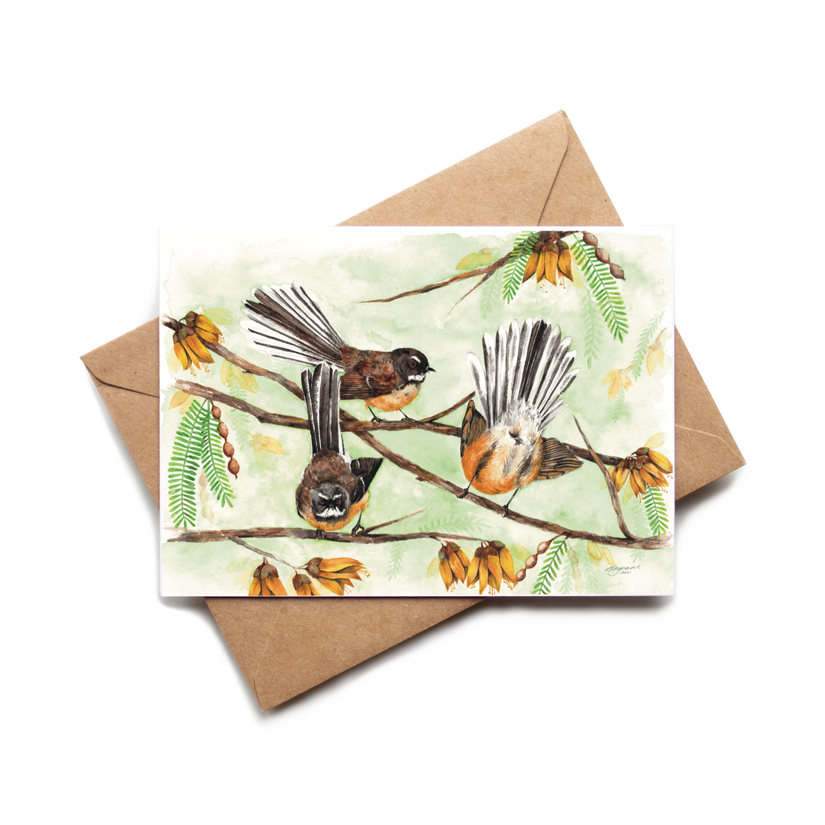 Card with bird illustration on a branch and envelope