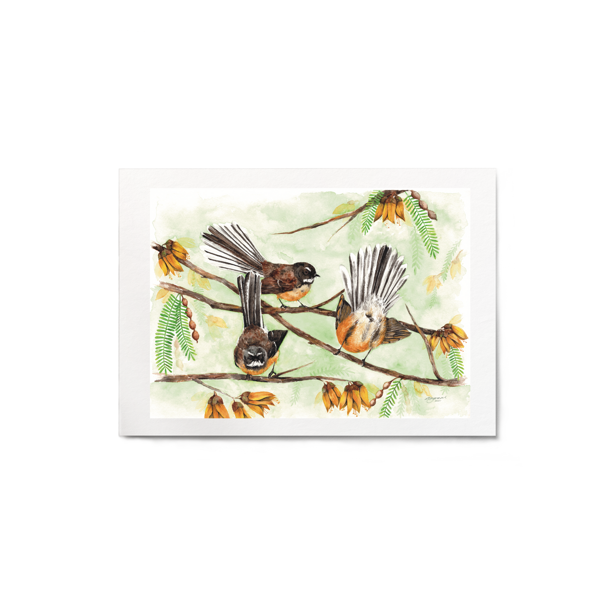 Illustration of three birds on a branch with leaves and flowers on a white background