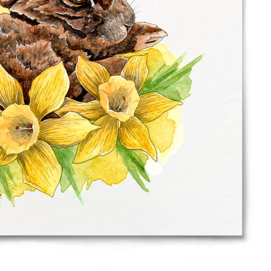 Illustration of a rabbit surrounded by yellow flowers on a white background