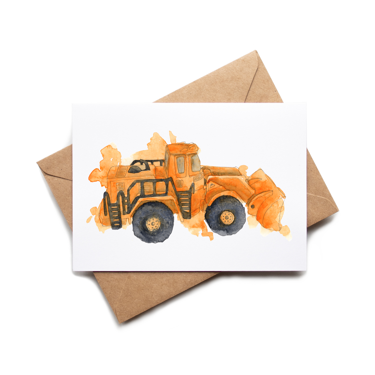 Card with a watercolor illustration of a bulldozer on a white background with a brown envelope.