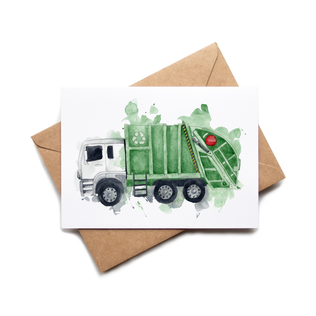 Card with a green garbage truck illustration on a white background