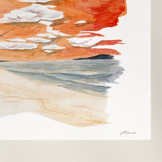 Abstract wall art with orange, red, and beige colors on a white background