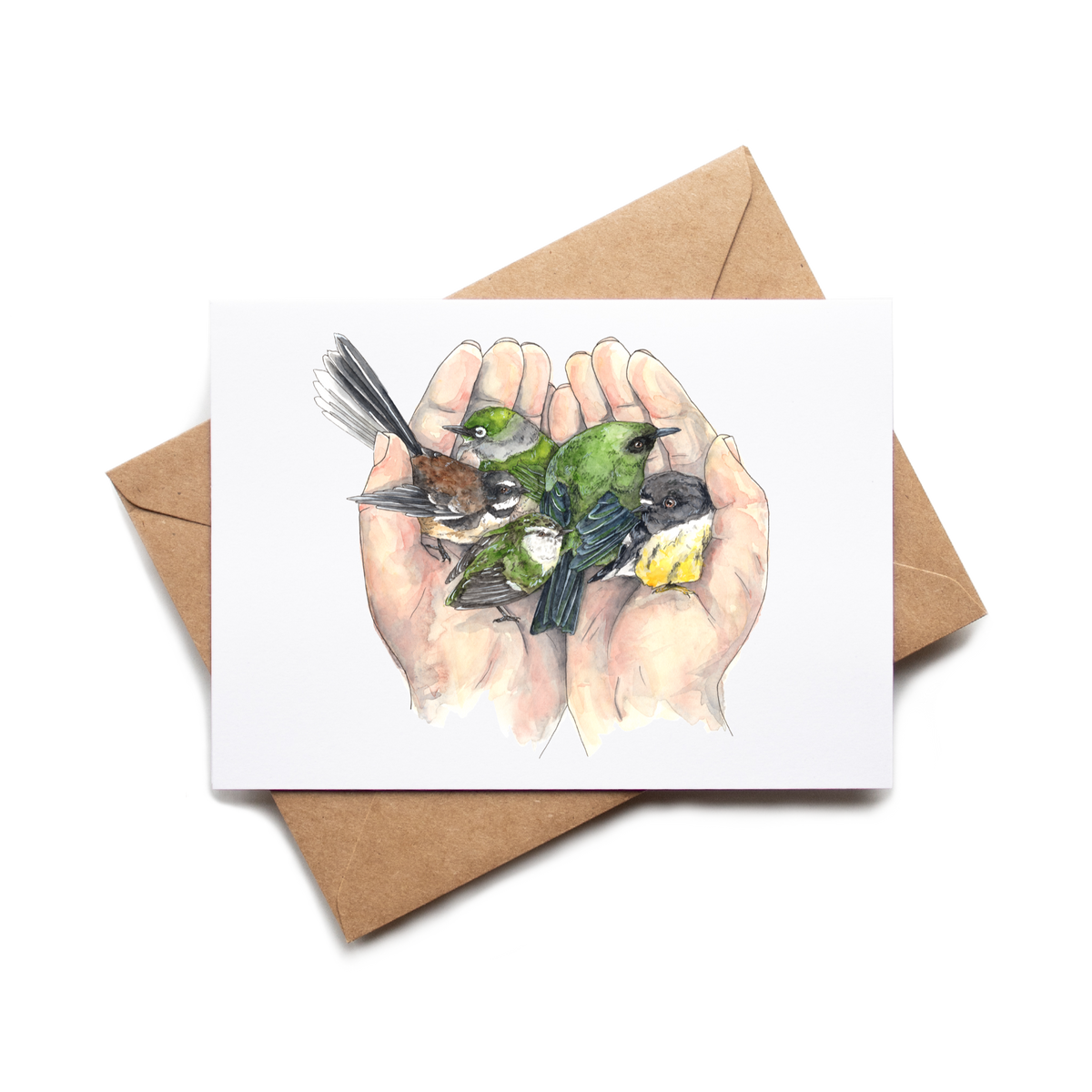 Card with illustration of hands holding birds on a white background with a brown envelope.