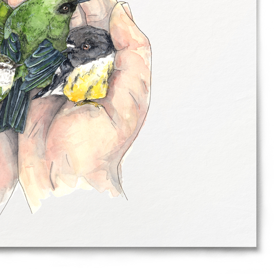 Illustration of hands holding two small birds on a white background