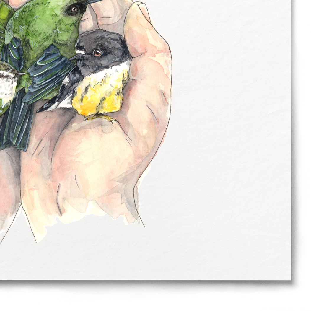 Illustration of hands holding two small birds on a white background