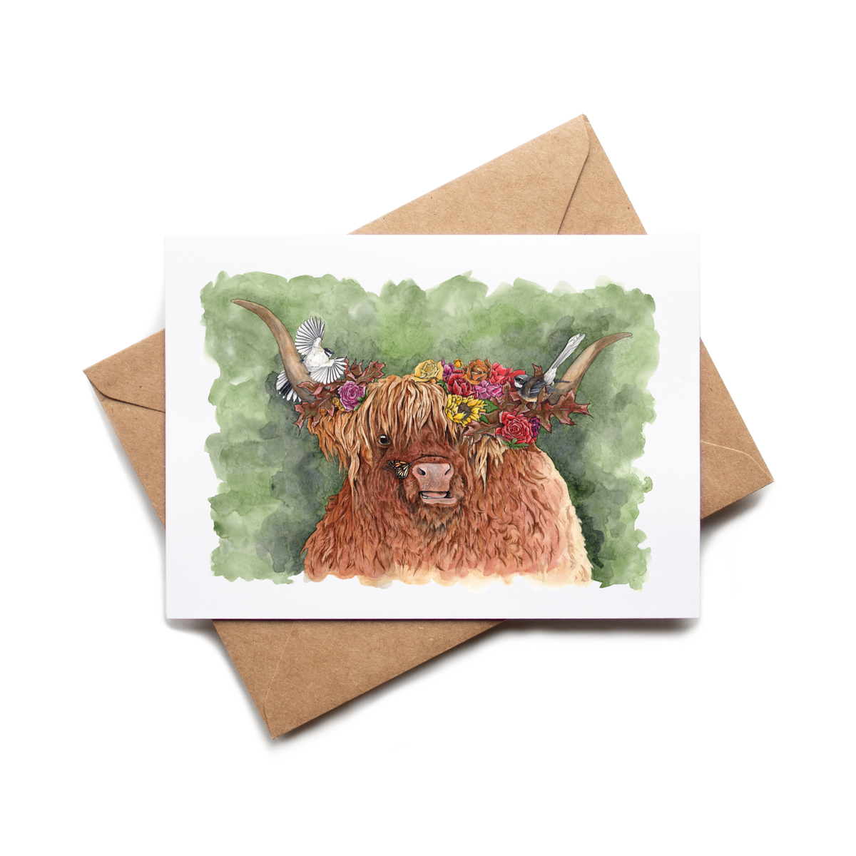 Greeting card with a highland cow illustration on a white background