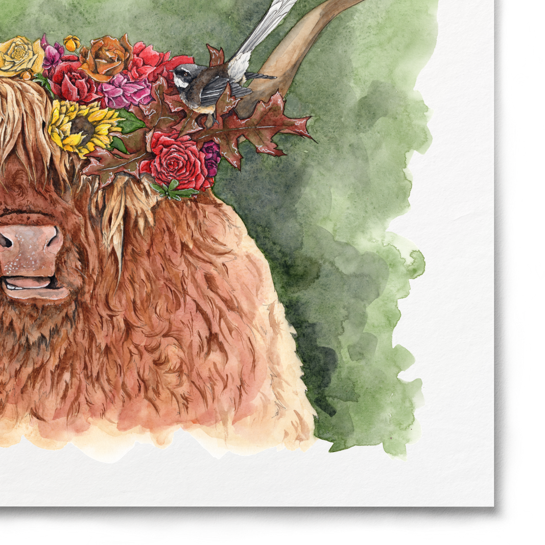 Illustration of a highland cow with floral decorations on a white background
