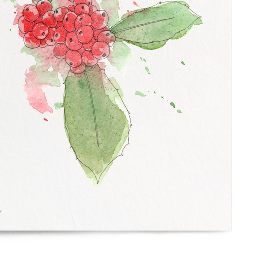 Art print of a floral design with red flowers and green leaves on a white background