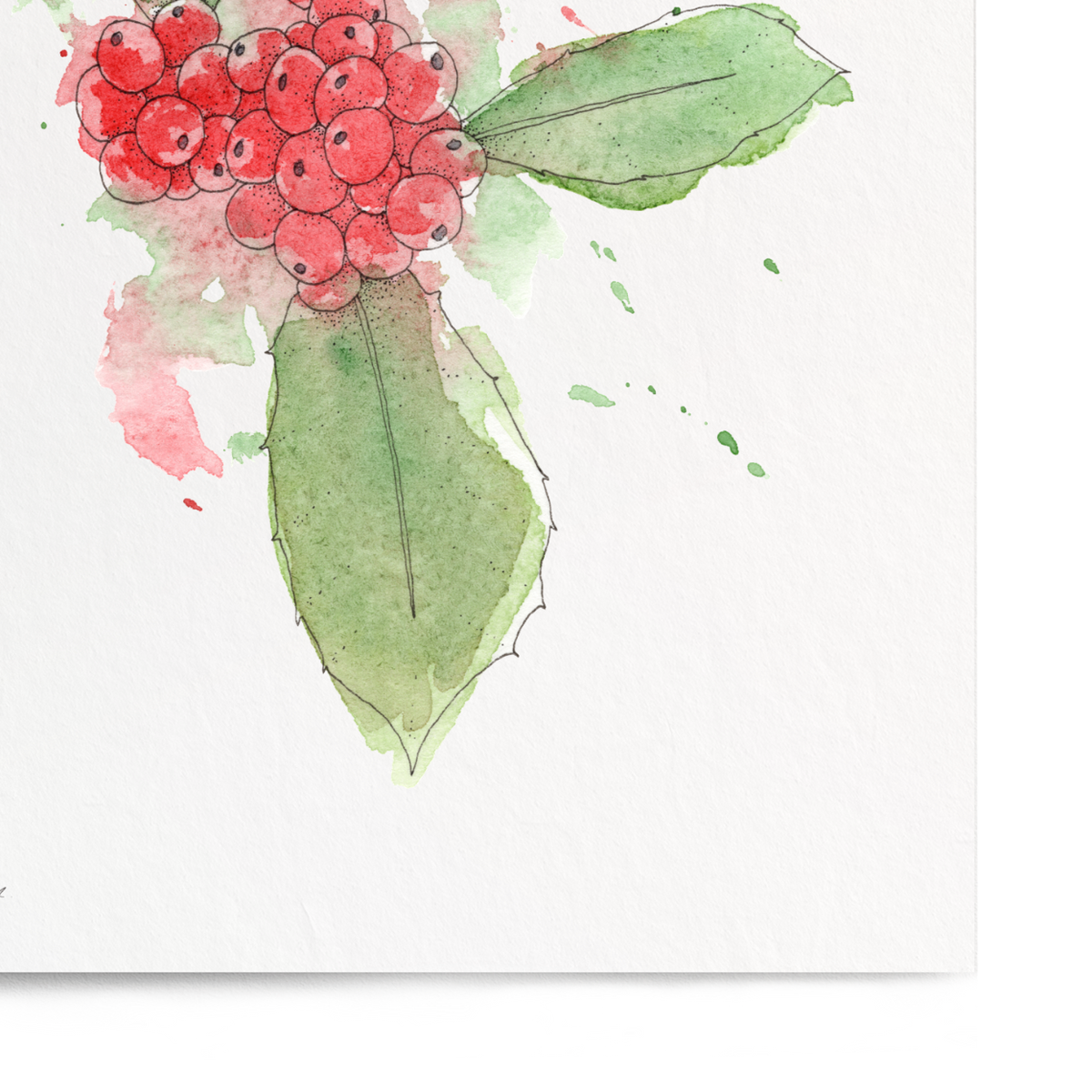 Art print of a floral design with red flowers and green leaves on a white background