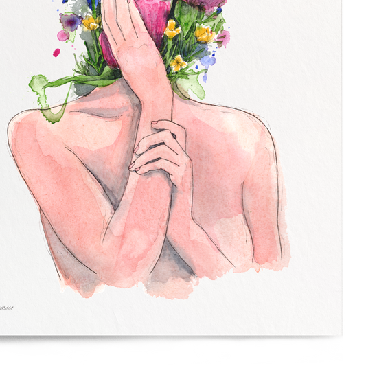 A vertical art print featuring a watercolor illustration of a woman's back and arms, with her head replaced by a bouquet of pink, yellow, and blue flowers, shown against a plain white background.