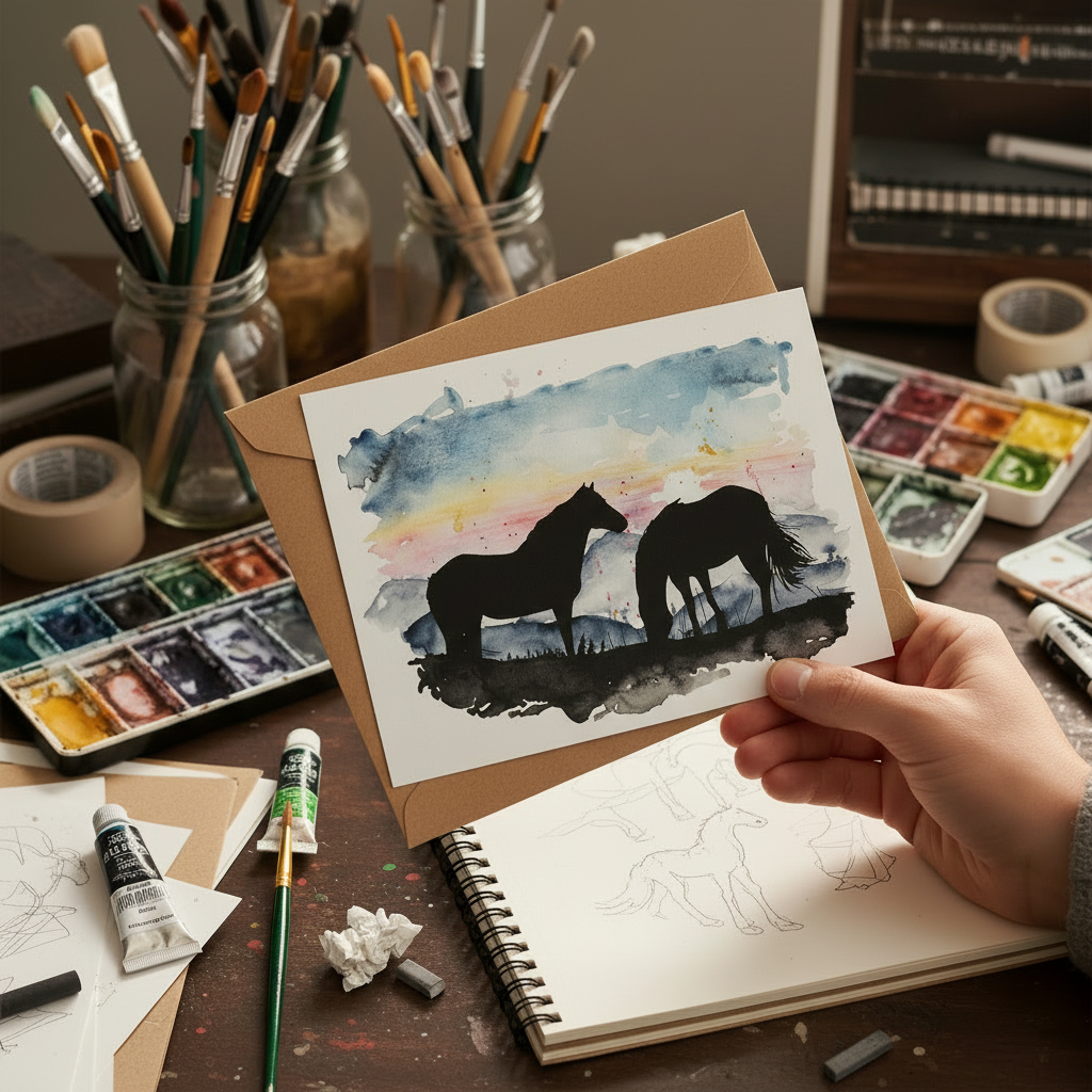 Card with horse silhouette design on a watercolor background, placed on a brown envelope.
