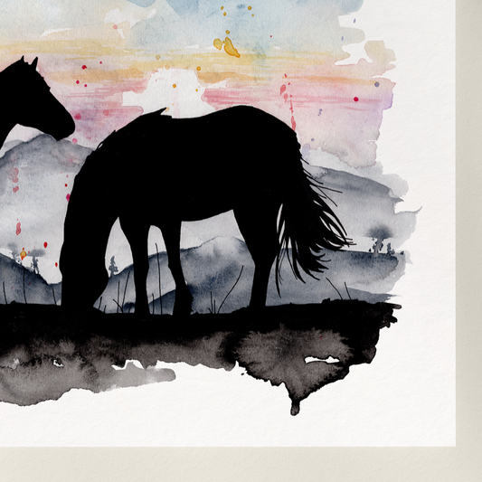 Abstract art print with black and gray shapes on a watercolor background