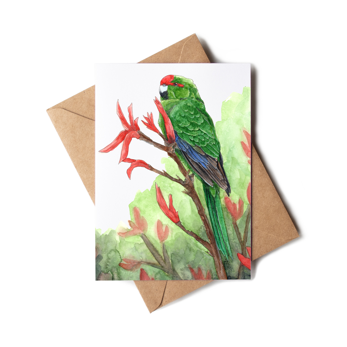 Greeting card with a parrot illustration on a brown envelope