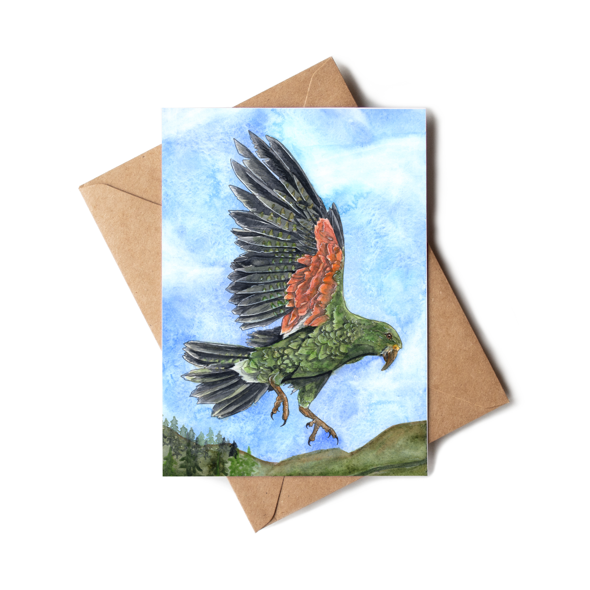 Greeting card with a parrot illustration on a brown envelope
