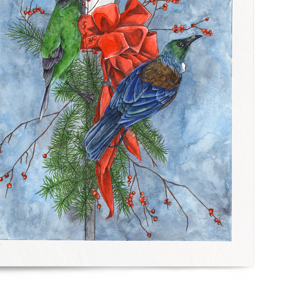 Framed artwork of two birds perched on a lamp post with a red bow, against a blue watercolor background.