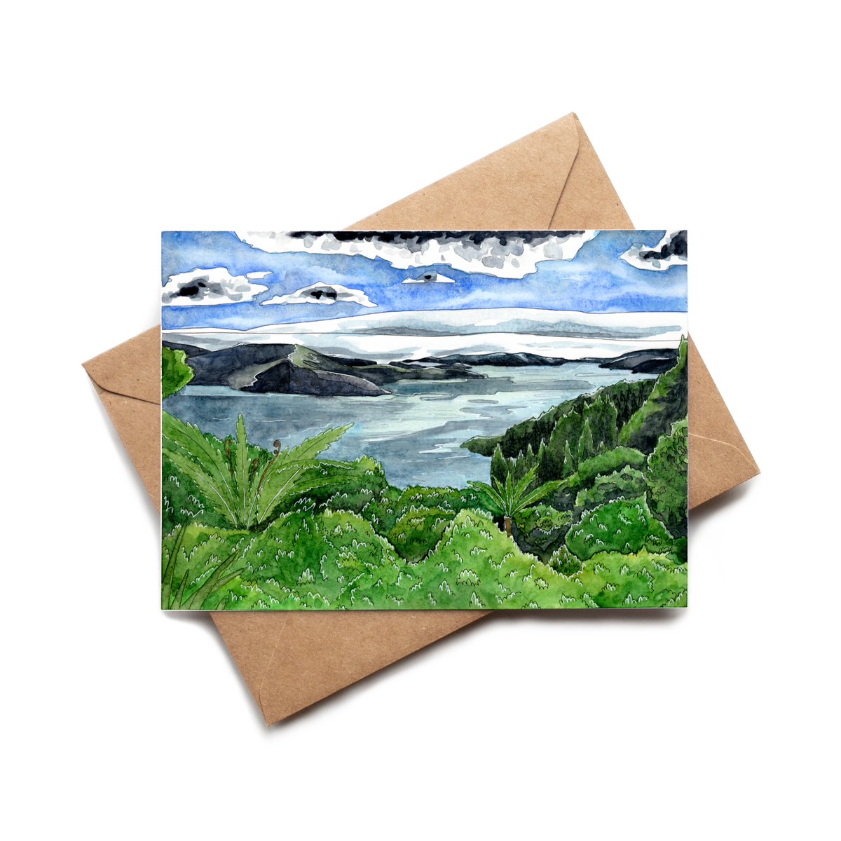 Greeting card with a scenic landscape illustration on a brown envelope