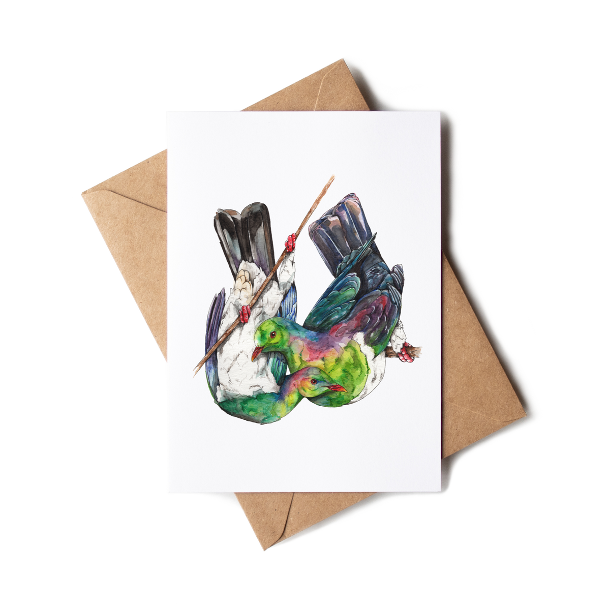 Greeting card with a colorful kererū design on a white background