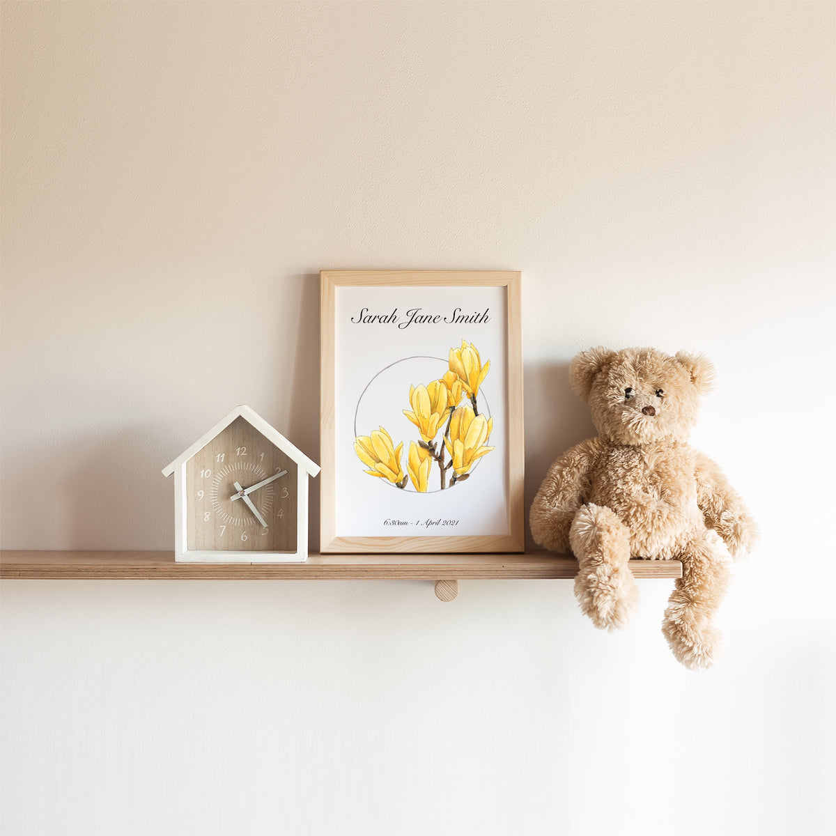 Personalized Yellow Bird Magnolia Wreath Print