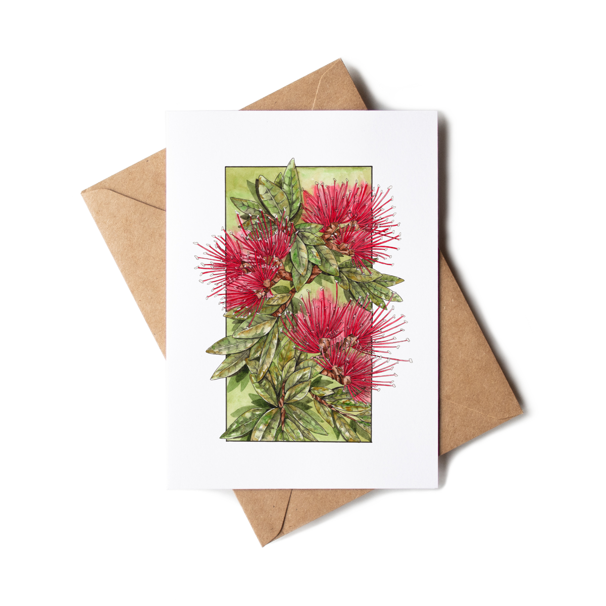 Greeting card with red flowers and green leaves on a white background with a brown envelope.