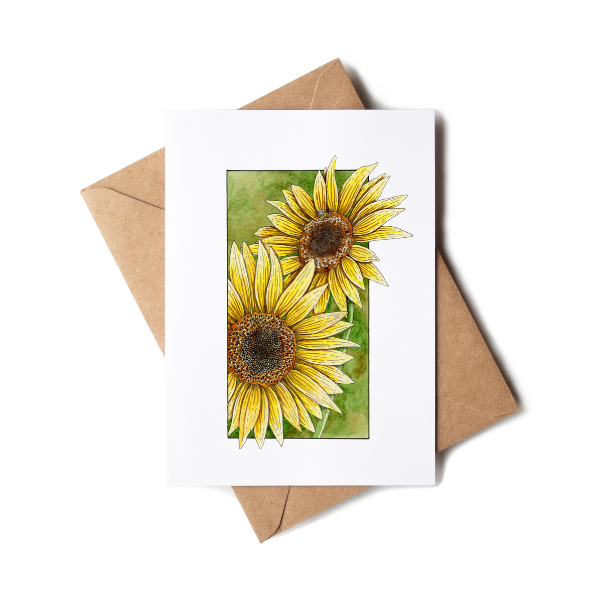 Greeting card with sunflower design and brown envelope on white background