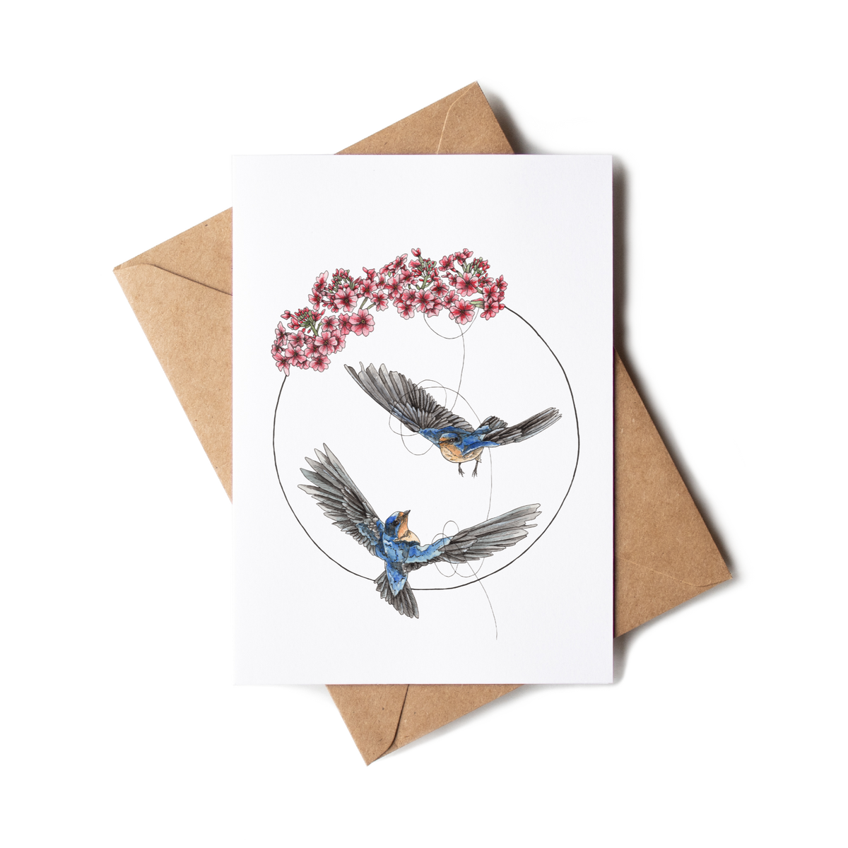 Greeting card with birds and cherry blossoms design on a white background