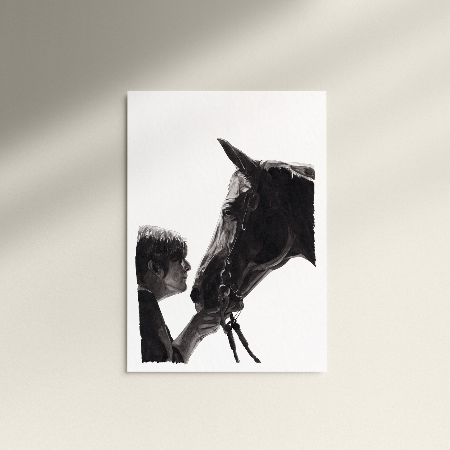 Black and white painting of a person and horse on a white background