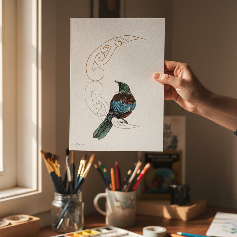 Artistic workspace with watercolor supplies and a hand holding a piece of paper with a bird illustration.