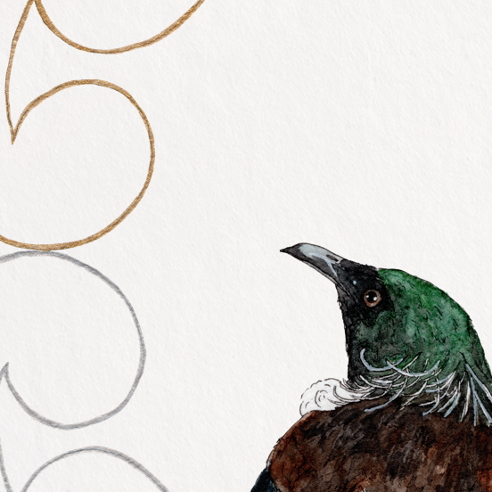 Bird illustration with a decorative crescent moon on a white background