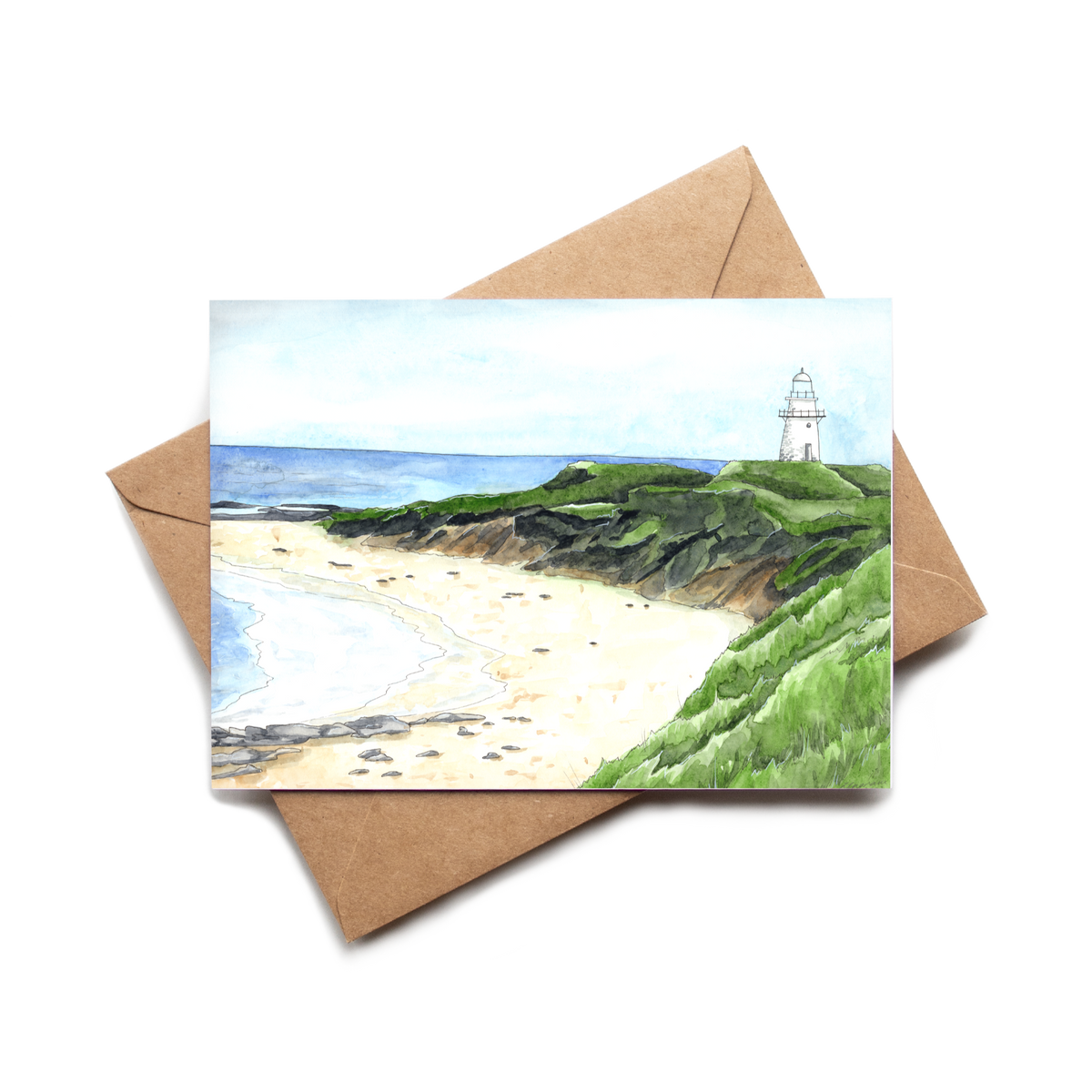 Greeting card with a beach and lighthouse illustration on a white background