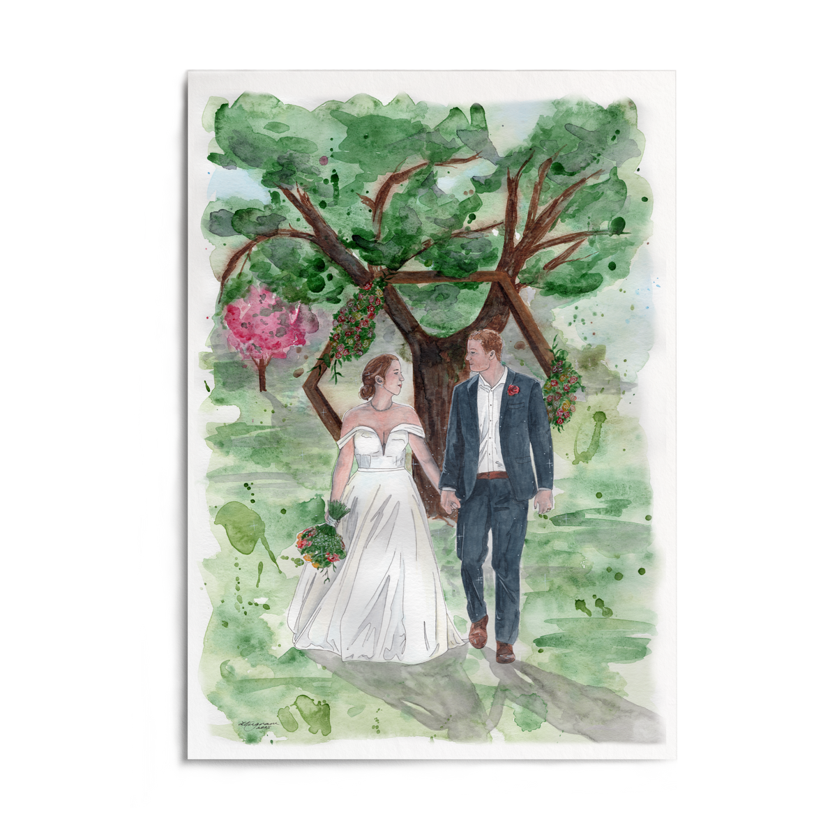 Watercolor painting of a bride and groom holding hands under a tree with flowers.