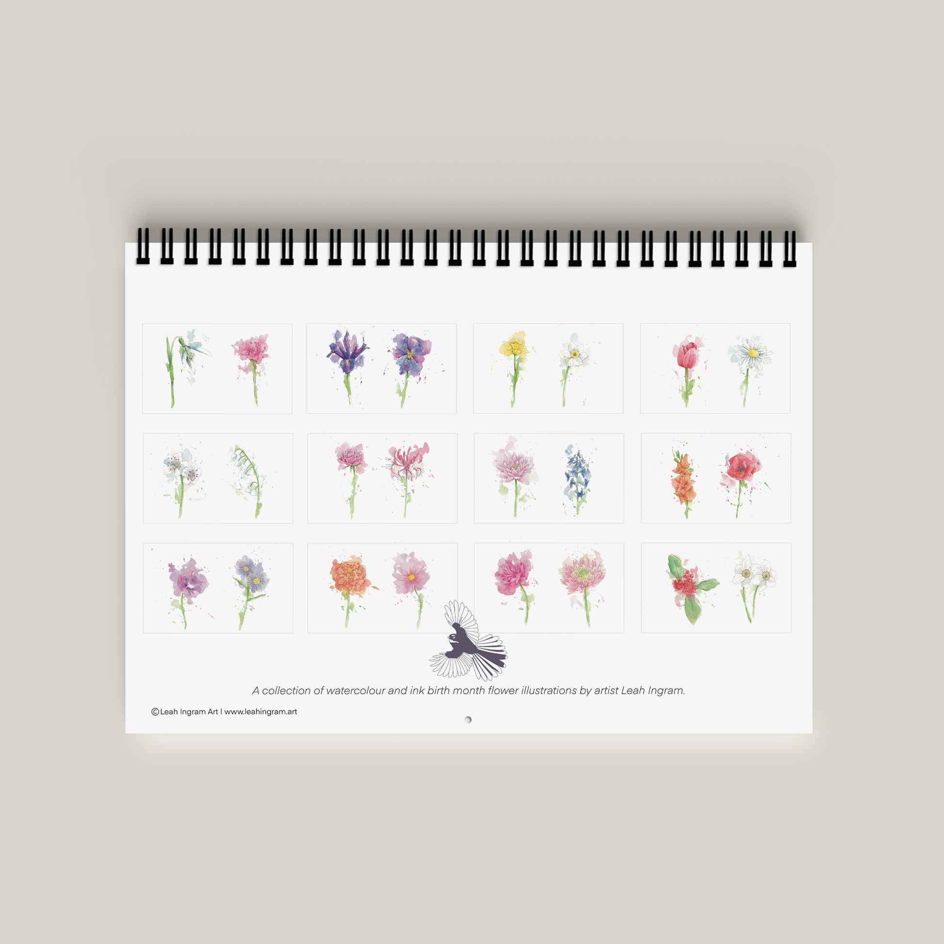 Calendar with floral designs on a beige background