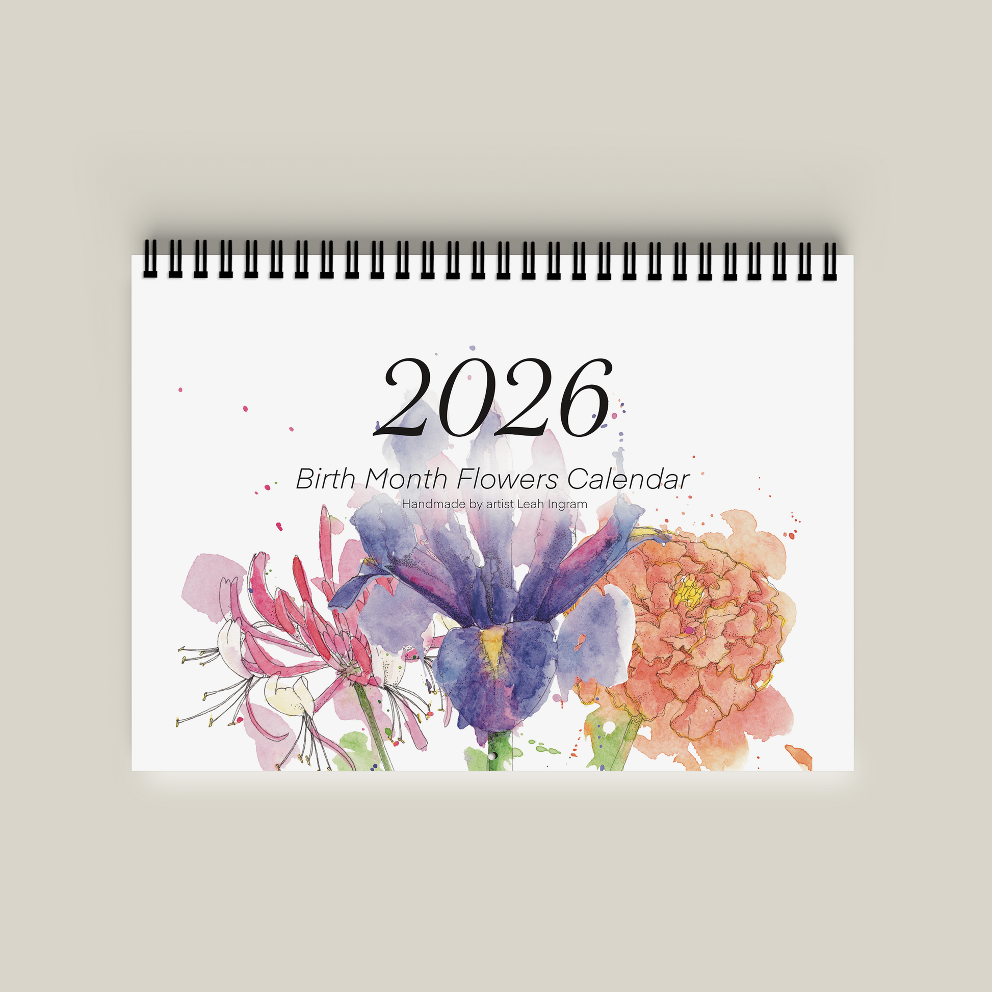 2026 Birth Month Flowers Calendar with floral design on a beige background
