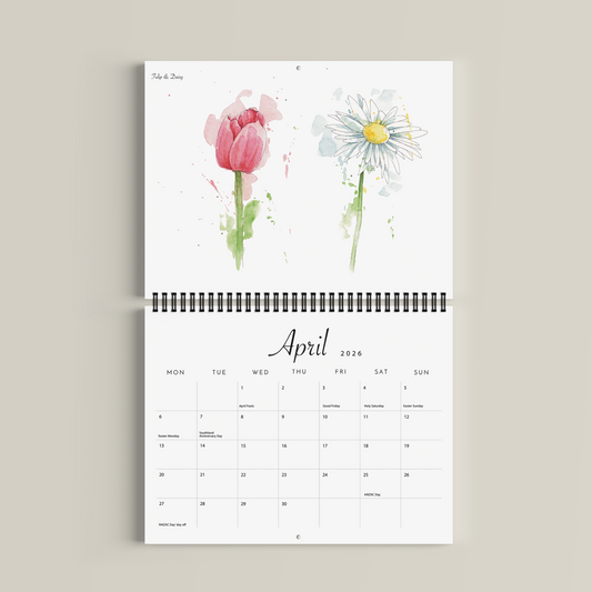Calendar with floral design on a beige background