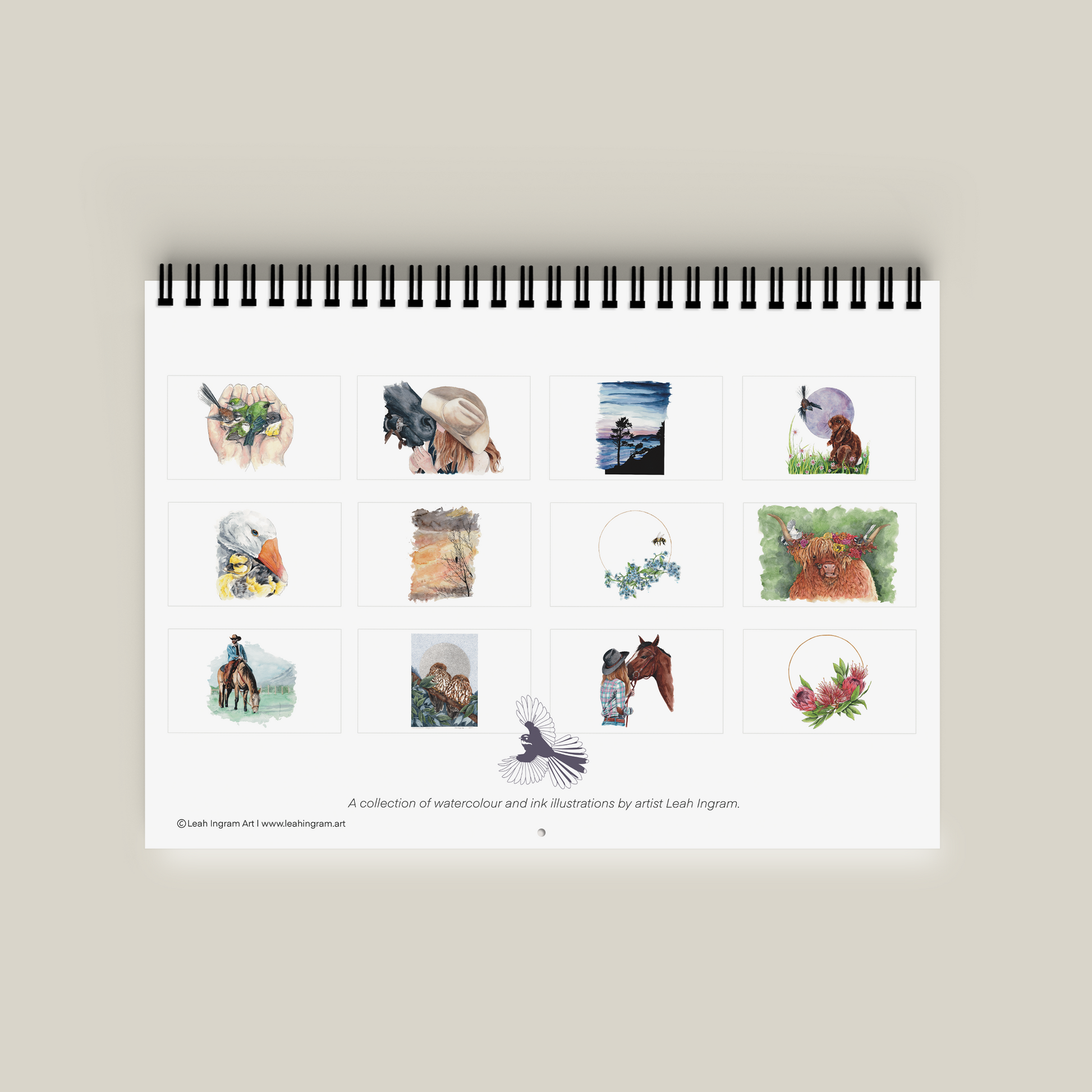 Calendar with illustrations of animals and nature on a beige background